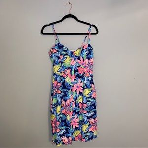 Lilly Pulitzer Navy Floral Midi Dress with Pink & Yellow Accents